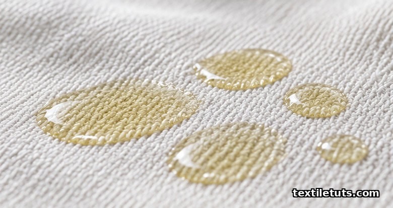 Close-up of corn oil droplets spreading as thin films across a white polyester-cotton blend fabric, illustrating soil release.