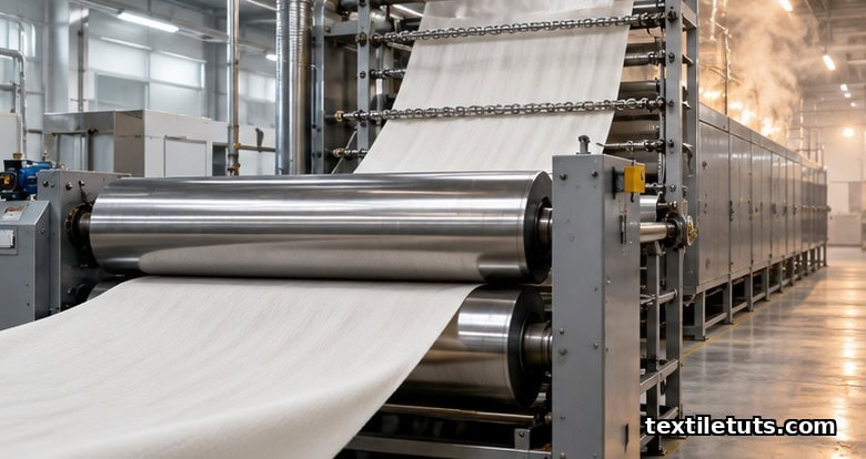 Industrial textile finishing line showing pale polyester-cotton fabric passing through chrome padder mangle rollers and into a stenter frame curing oven.