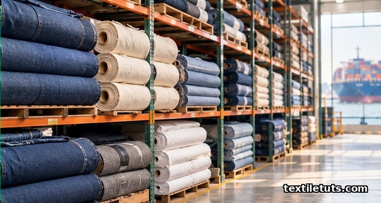 Stacked bolts of colorful fabric on a warehouse shelf representing global apparel sourcing materials and textile inventory.