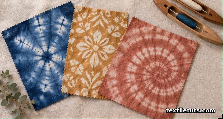 Flat-lay of three lycra swatches showing shibori, batik, and tie-dye patterns in muted earthy colors.