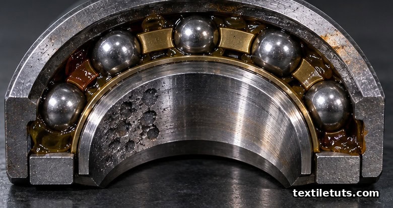 Cross-section cutaway of a 6202 series spindle bearing showing fatigue spalling, wear bands, and grease on the cage.