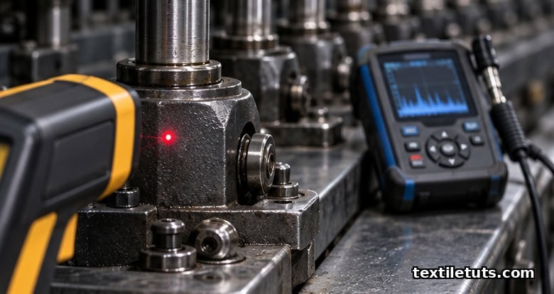 Infrared thermometer aimed at a spindle bearing housing on a ring frame with a digital vibration analyzer in soft focus.