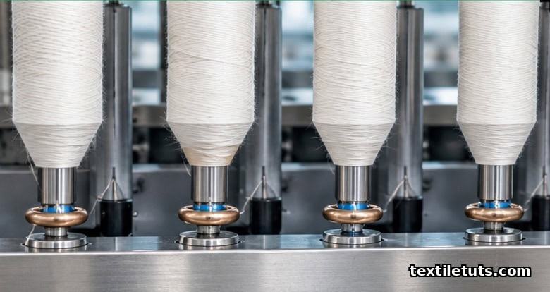 Close-up of a spindle rail showing the centre-to-centre gauge distance between adjacent ring spinning spindles.