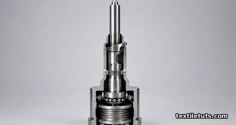 Vertical steel spindle showing the wharve drive pulley, bolster and blade, and footstep bearing assembled in concentric sections.