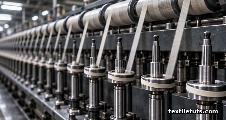 Editorial view down a ring spinning frame spindle rail showing tapes running from the tin roller pulley to spindle whorls.