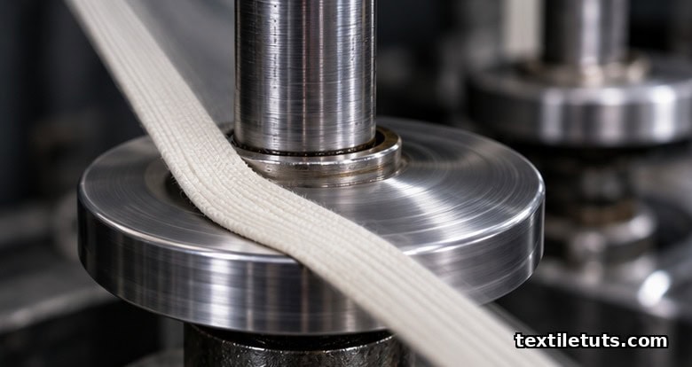 Macro close-up of a polyamide spindle tape seated in the tape race of a polished steel whorl on a ring spinning spindle.