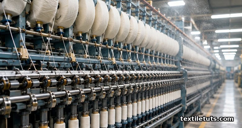 Modern ring spinning frame in operation on an industrial textile mill floor with rows of spindles and a roving creel.