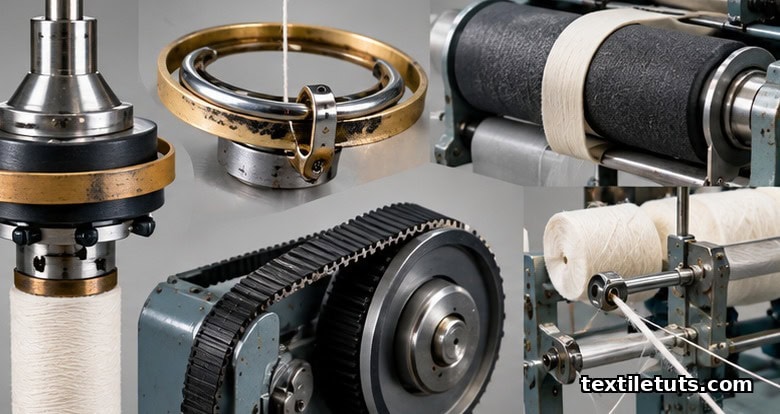 Close-up of ring spinning frame components: spindle, ring and traveler, top roller with cot and apron, drive belt, creel.