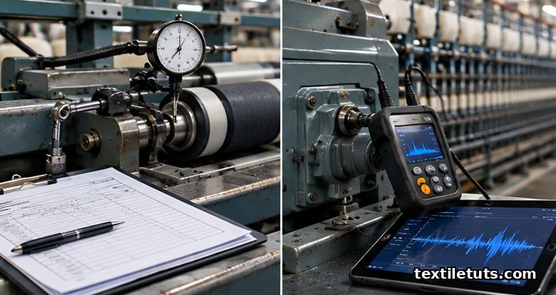 Split view of a technician performing scheduled service with a dial gauge next to one using a vibration analyzer on a spindle.