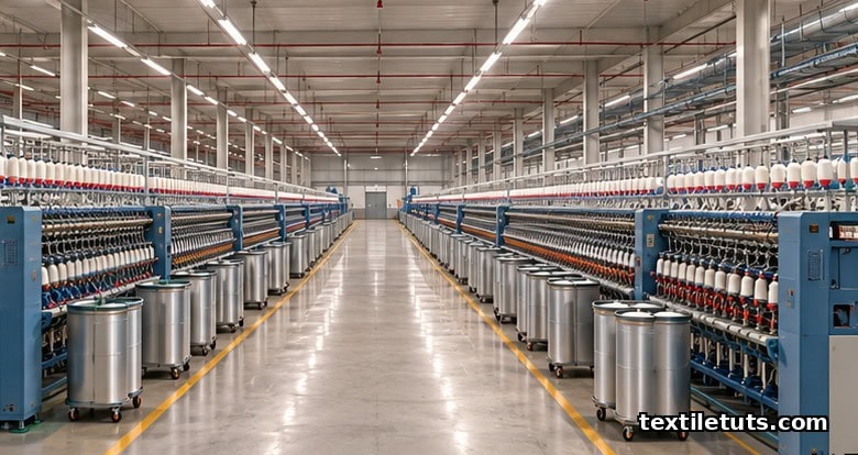 Interior perspective of a spinning hall showing rows of ring frames under an 8 meter column grid with central piecing aisle.