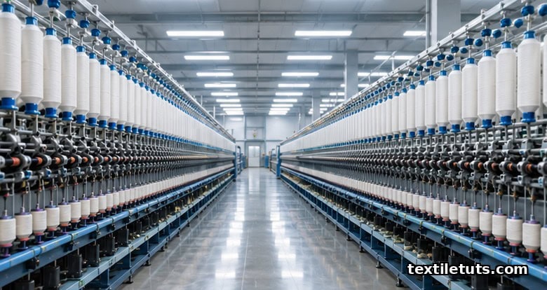 Industrial ring spinning mill interior with long rows of ring frames holding white cotton yarn cops on spindles under overhead fluorescent lighting.