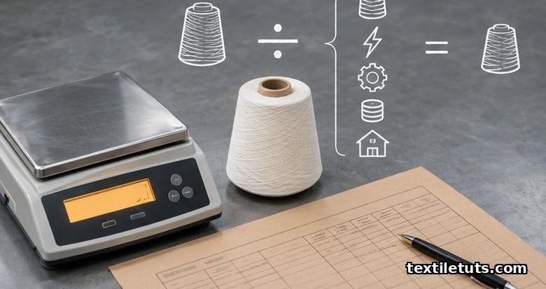 Digital industrial scale with cotton yarn cone and floating formula line-art illustrating cost per kilogram calculation.