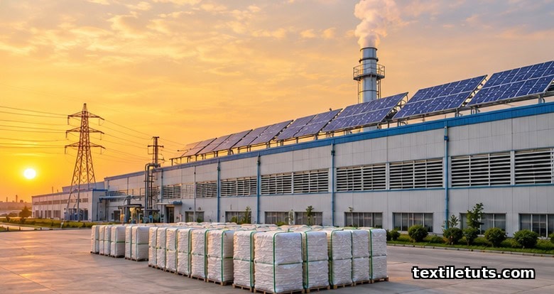 Modern spinning mill building with rooftop solar PV panels, humidification stack, and stacked cotton bales at golden hour.