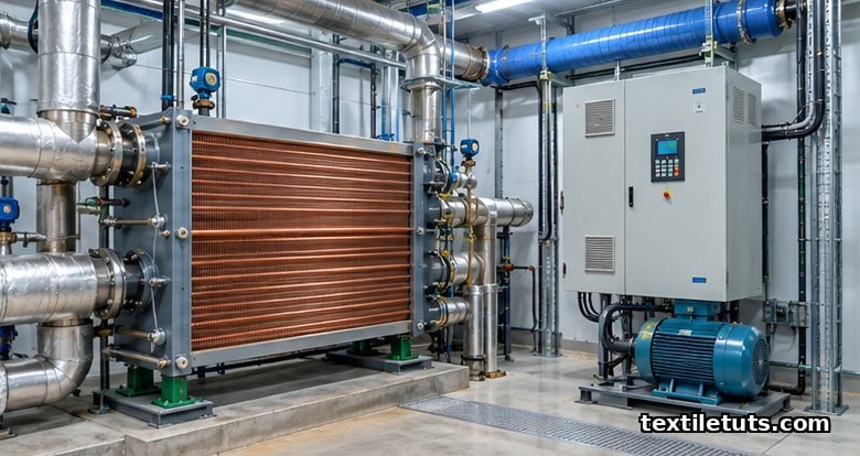 Finned-tube heat exchanger and variable frequency drive cabinet for energy recovery inside a spinning mill utility room.