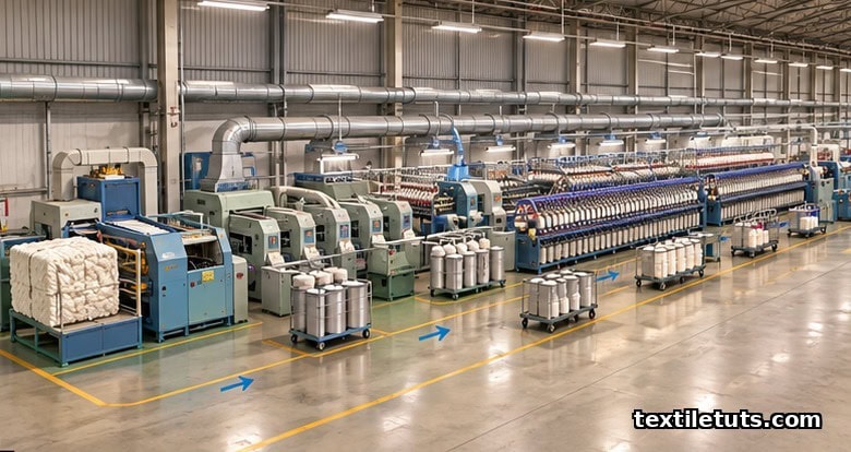 Cutaway view down the length of a spinning mill hall with blowroom, cards, drawframes, ring frames, and winders arranged linearly.