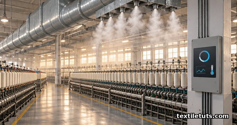 Wide view of a cotton spinning hall with rows of ring frames, overhead supply ducts, and steam dispersion manifolds controlling hall humidity.