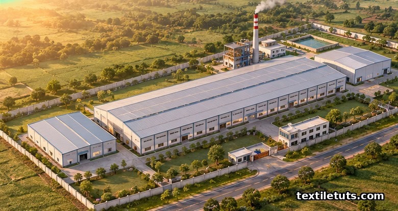 Aerial view of a25000 spindle cotton ring spinning mill complex with long process hall, bale godown and finished goods warehouse.