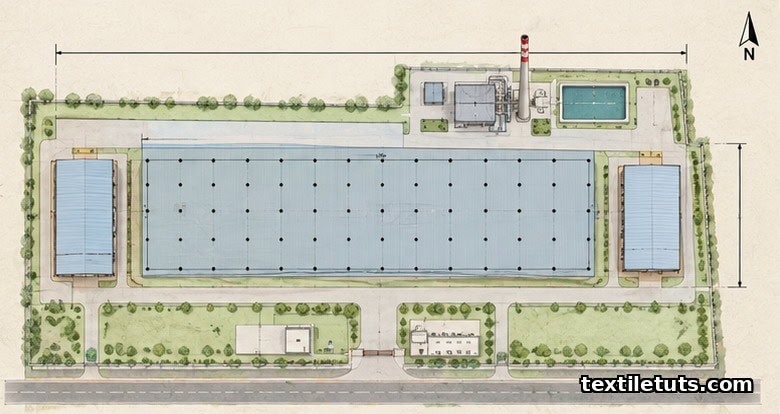 Top-down architectural site plan of a cotton spinning mill showing the rectangular process block, godowns, and column grid.