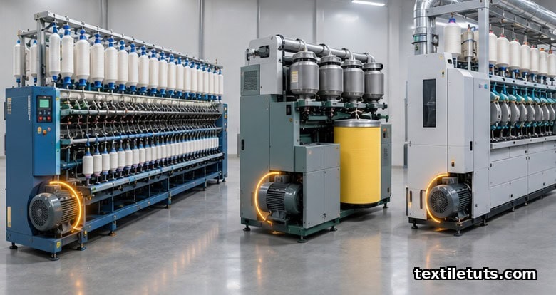 Side-by-side view of ring, rotor, and air-jet spinning machines with electric drive motors glowing amber.