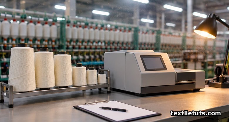 Mill quality-control workstation with yarn packages queued beside an evenness tester console.