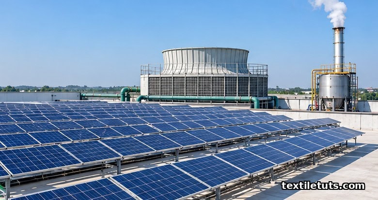 Rooftop solar PV array on a spinning mill roof with cooling tower and small biomass boiler stack under clear sky.