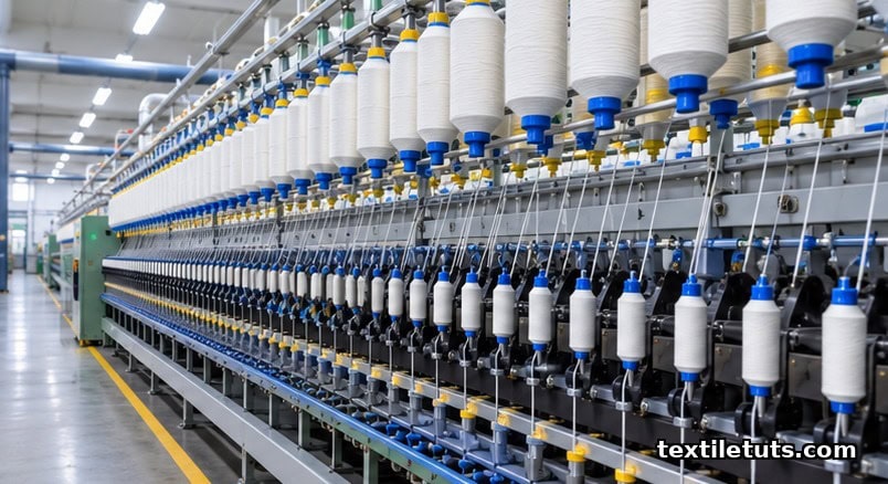 Rows of ring spinning frames producing white cotton yarn inside a modern textile mill, soft natural light, steel and cotton palette.