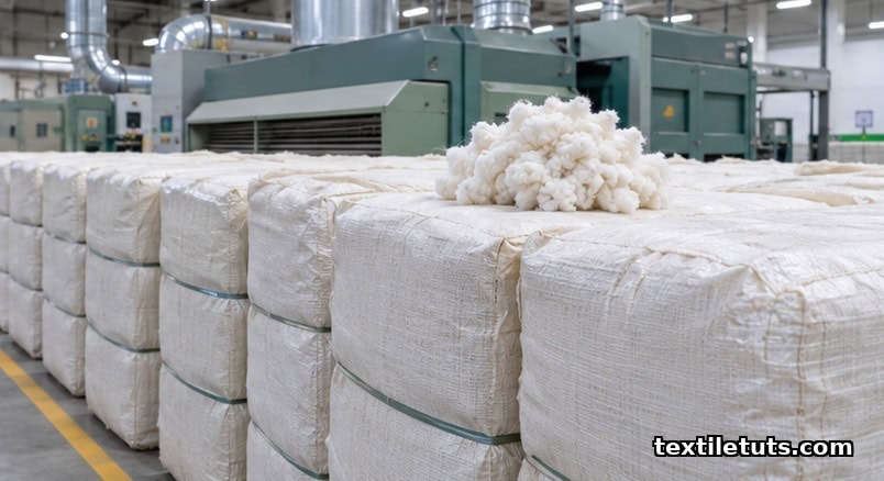 Raw cotton bales stacked at the inlet of a modern blowroom line with cleaned white cotton fiber, blowroom cleaning machinery in the background.