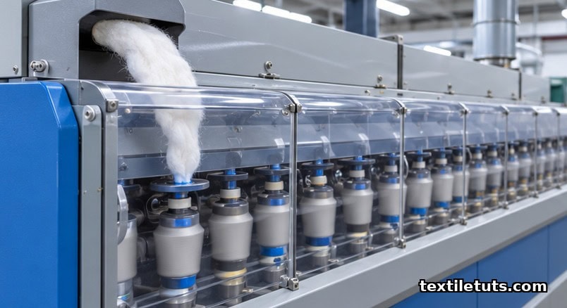 Automatic cone winding machine cross-winding white cotton yarn onto paper cones for retail sale, spool of input yarn in the background.