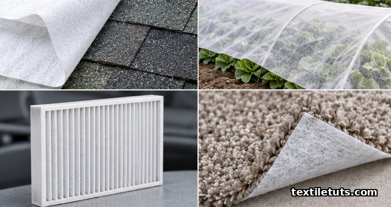 Flat-lay of four spunbond PET nonwoven applications: housewrap, agricultural row cover, cabin air filter, and carpet backing scrim.