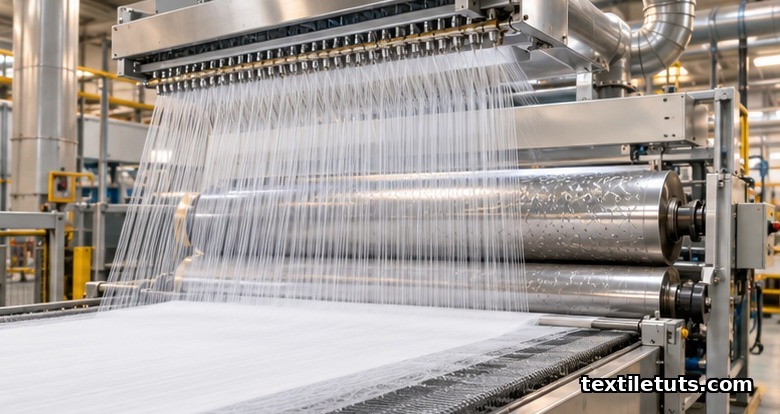 Industrial spunbond manufacturing line showing filaments streaming from a spinneret onto a moving forming belt with calender bonding rolls.