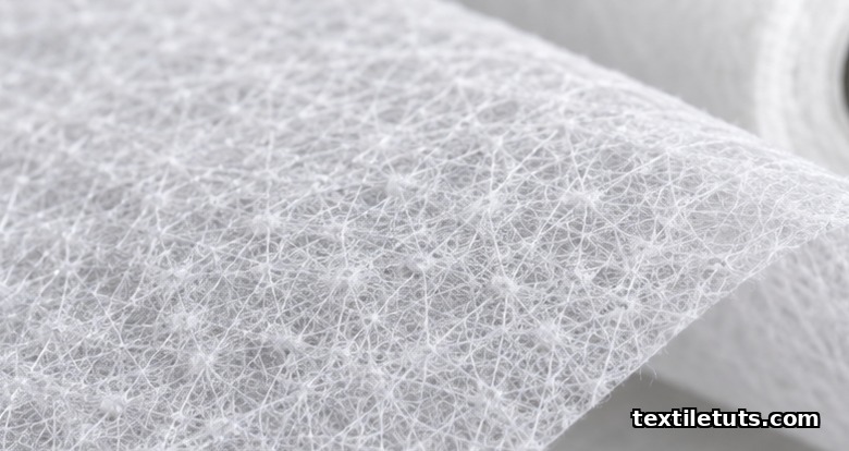 Macro close-up of white spunbond polyester nonwoven fabric showing continuous filaments and thermal bond points.