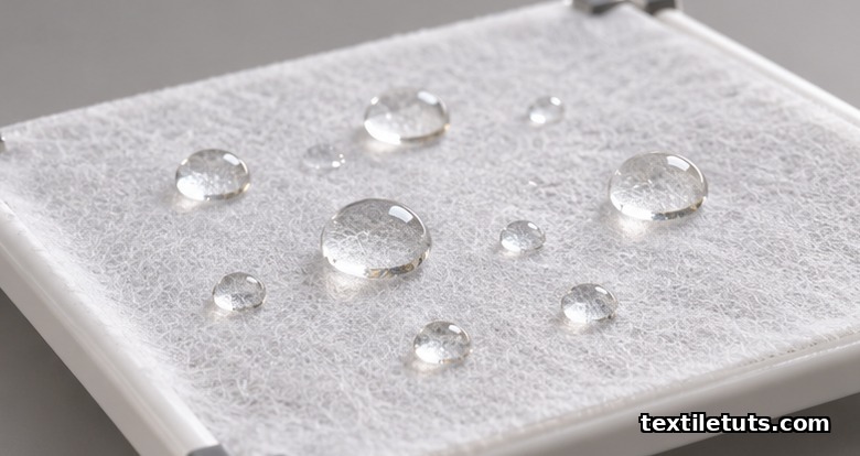 Water droplets beading on a hydrophobic spunbond polypropylene fabric sample, demonstrating high contact angle and water repellency.