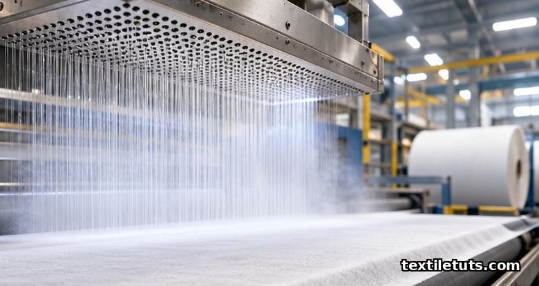 Spunbond production line extruding fine continuous polymer filaments from a spinneret onto a moving forming belt.