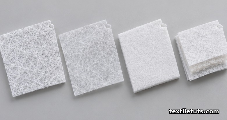 Side-by-side swatches comparing spunbond PET, spunbond PP, meltblown, and SMS laminate nonwoven constructions.