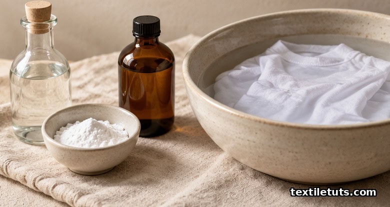 Stain-removal supplies arranged on linen: white vinegar bottle, baking soda dish, hydrogen peroxide, and basin of cool water