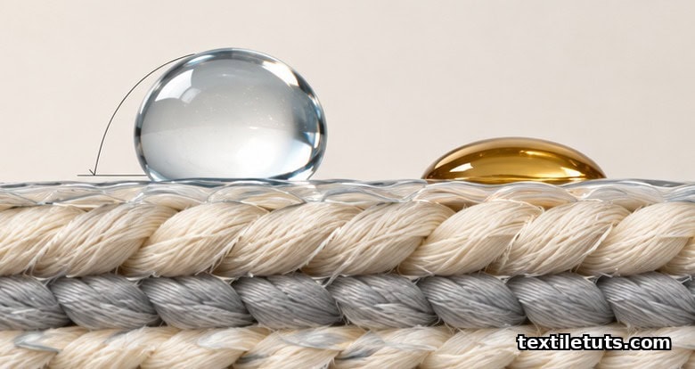 Macro cross-section of textile fibers coated with a fluorinated film, with a spherical water droplet and a flatter oil droplet resting on top.