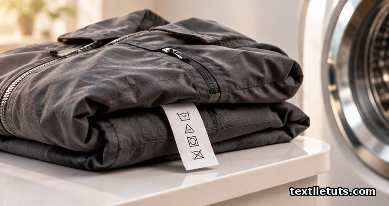 A folded charcoal outdoor jacket beside a washing machine drum, illustrating recommended cool-wash care for DWR finishes.