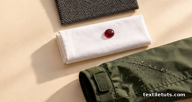 Flat-lay of upholstery fabric, white table linen with a beaded wine droplet, and an outdoor jacket sleeve, all treated with stain-resistant finishes.