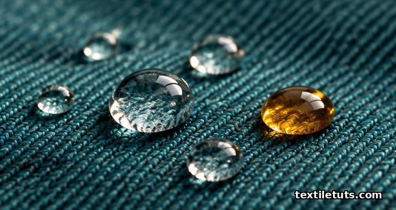 Water and oil droplets beading up as near-perfect spheres on a tightly woven teal twill fabric, demonstrating high contact angle.