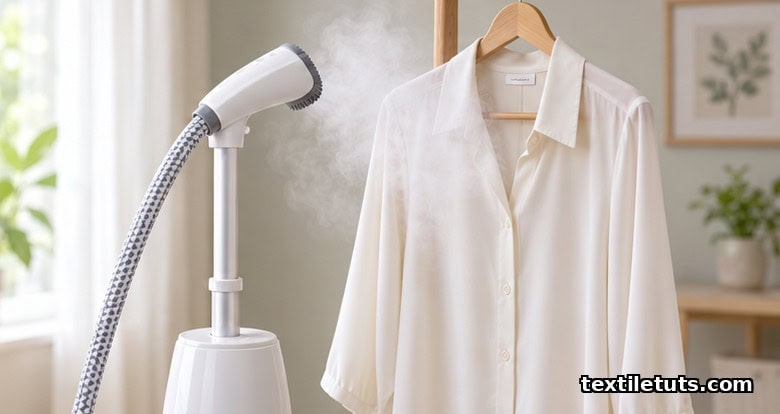 Standing garment steamer releasing soft steam onto a hanging polyester blouse on a wooden hanger.