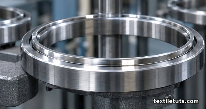 Hardened steel ring track mounted on a ring rail, showing the polished running surface and the raised flange edge.