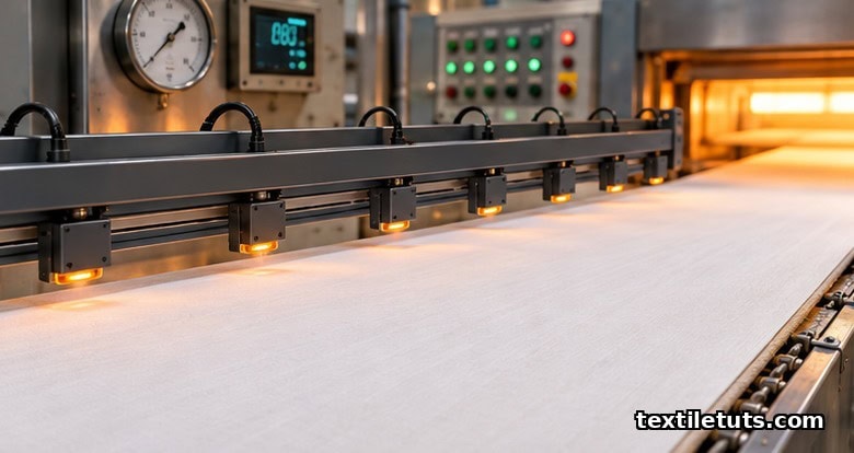 Modern stenter frame with infrared temperature sensors monitoring fabric width during heat setting.