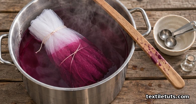 Overhead view of a stainless steel pot of steaming burgundy dye bath with a tied bundle of white tulle partially submerged and turning plum.