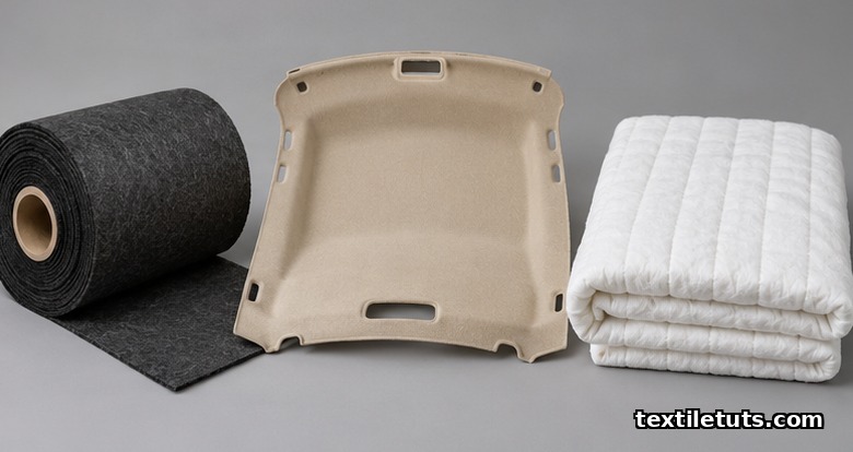 Three stitch-bonded nonwoven end-use samples: black geotextile roll, beige automotive headliner panel, and white quilted bedding cover.