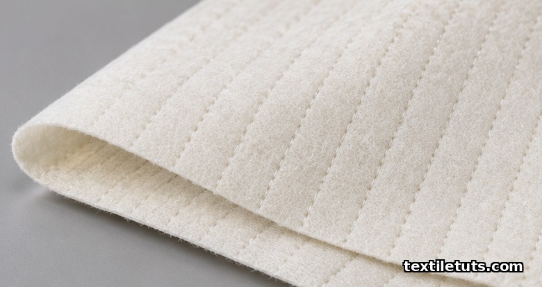 Macro view of stitch-bonded nonwoven fabric showing vertical warp-knit stitch rows binding a pale ivory fiber web.