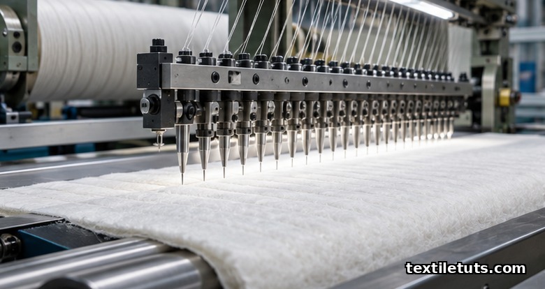Stitch-bonding machine with compound needles piercing a cross-laid white fiber batt on a horizontal conveyor under industrial lighting.