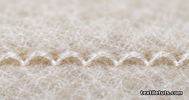 Extreme close-up of warp-knit loops in a polyester stitching thread locking the underlying staple fiber batt of a stitch-bonded nonwoven.