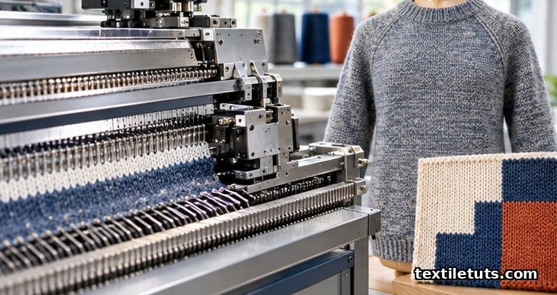 V-bed flat knitting machine performing stitch transfer beside a seamless tube-knit sweater and an intarsia color-block swatch.