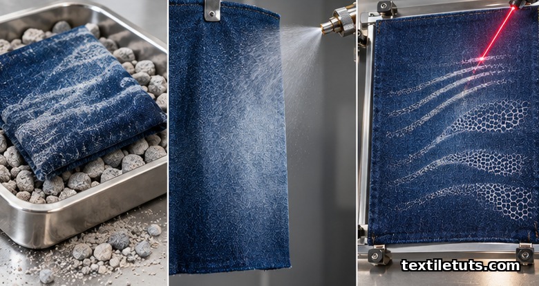 Three denim finishing techniques displayed: pumice stone washing, cellulase enzyme spray, and CO2 laser distressing on indigo fabric.