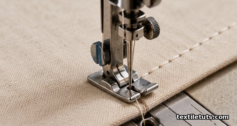 Macro close-up of a sewing machine needle piercing layered cotton fabric, forming a perfectly even straight stitch under soft natural light.